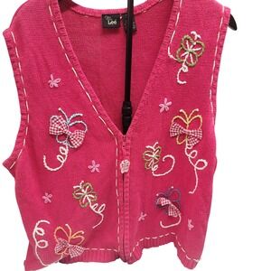 Ms‎ Lee Hot Pink Embroidered Butterfly Floral Zip Vest Cottagecore Women XL